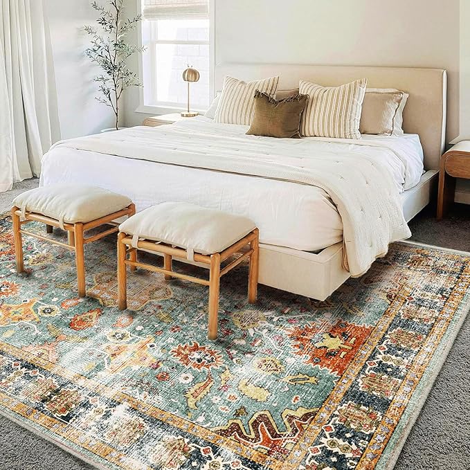 CHAMPLANT Area Rug 6'x9' Washable Vintage Traditional Distressed Thin Retro Kitchen Indoor Floor Cover Non Slip Carpet Floral Print Mat for Living Room Bedroom Dining Room
