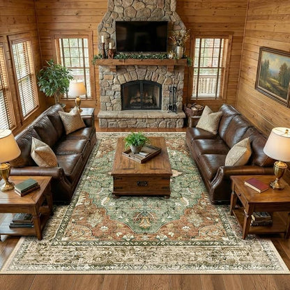 RELEANY Area Rugs 10'x12' Washable Non-Slip, Floral Vintage Distress Print Pattern Medallion Carpet for Living Room Bedroom Dining Room, Brick Red Rust Neutral Brown Burnt Orange Green