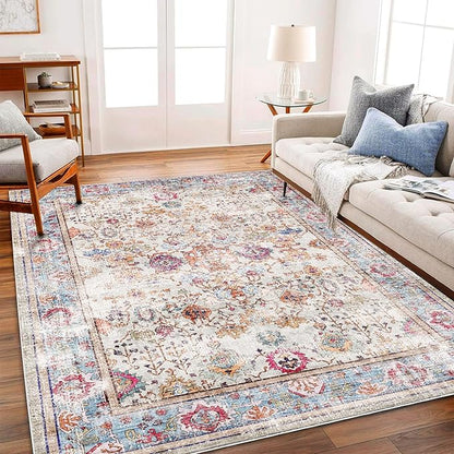 CHAMPLANT Washable 9'x12' Area Rug Vintage Traditional Distressed Indoor Foldable Thin Retro Accent Floral Non Slip Carpet Living Room Dining Room Office