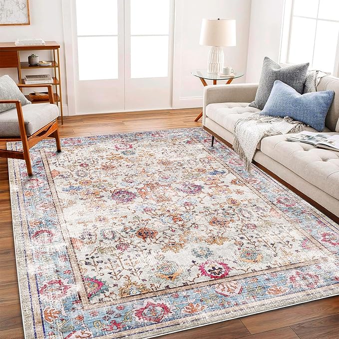 CHAMPLANT Washable Area Rug Vintage 6'x9' Light Traditional Floor Cover Thin Rug Retro Kitchen Indoor Distressed Non Slip Carpet Floral Print Mat Living Room Bedroom Dining Room