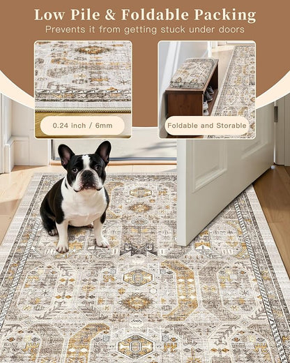 Madane Hallway Runner 3x8, Kitchen Rugs Washable Entryway Rug Vintage Kitchen Runners Non Slip Indoor Area Rug Farmhouse Carpet Runner for Bathroom Living Room Bedroom (3 X 8, Brown/Gold)