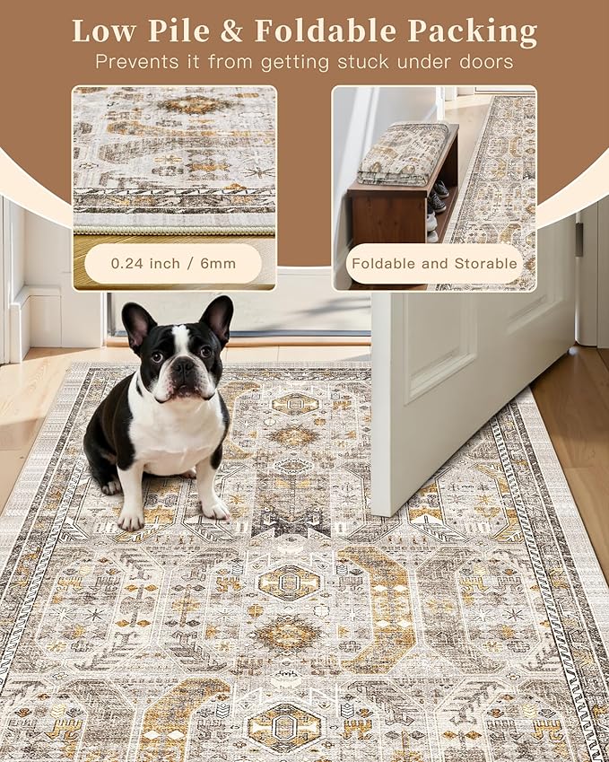 Madane Hallway Runner Rug 2'6''x16' Kitchen Runner - Non Slip Vintage Runners for Hallways Washable Kitchen Rugs Soft Low Pile 2.5x16 ft Rug Runner for Laundry Room, Entryway and Bedroom, Brown/Gold