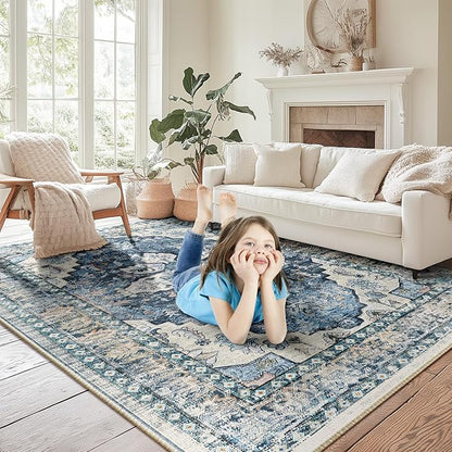 BESTSWEETIE 4x6 Area Rug Washable Rugs for Living Room, No Pile Boho Carpet for Entryway Bedroom Dinning Room, Vintage Carpet Print Distressed Non-Slip, 4 x 6 ft, Blue Navy