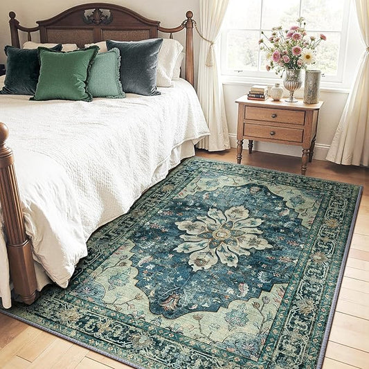RELEANY Area Rugs 4'x5' Washable Non-Slip, Floral Vintage Distress Print Pattern Medallion Carpet for Living Room Bedroom Dining Room, Dark Blue Vintage