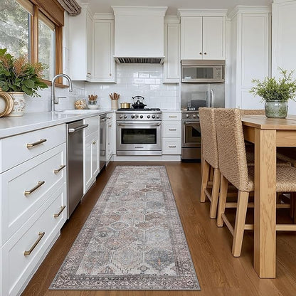Bavni Kitchen Rug 2x5 Runner Rugs for Hallways Entryway, Washable Vintage Print Carpet, Ultra-Thin Chenille Low Pile Lightweight Rug with Non Slip Backing, Retro Grey