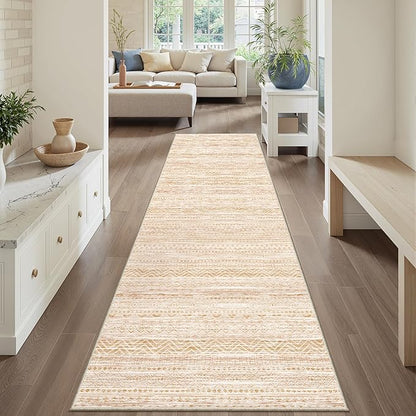 Miukiki 2x10 Runner Rug Moroccan Washable Hallway Runner Rug Non Slip Indoor Floor Kitchen Rug Foldable Carpet for Bathroom Laundry Room with Low Pile(Beige,2'x10')