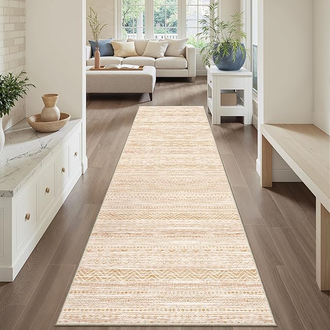 Miukiki 2x8 Runner Rug Moroccan Washable Kitchen Rug Non Slip Indoor Floor Hallway Runner Rug Foldable Carpet for Bathroom Laundry Room with Low Pile(Beige,2'x8')