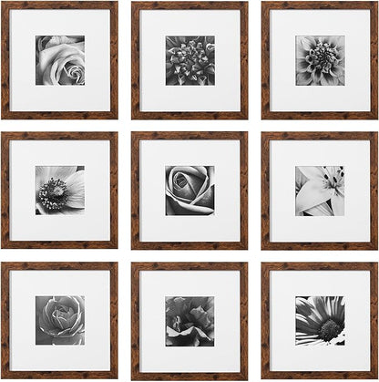 eletecpro 10x10 Picture Frames Set of 9 Classic Gallery Wall Frame Set Displays 5x5 Photo with Mat or 10x10 without Mat, Square Picture Frames Collage Wall Decor, Rustic Brown Modern Home Decor for