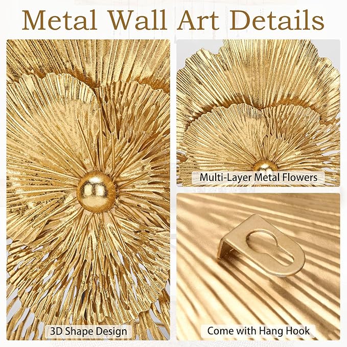 DILATATA 3 Pcs Metal Flower Wall Art Set 10 Inch Rustic Modern Floral Sculpture 3D Metal Flower Wall Hanging Accent for Indoor Living Room Bedroom Kitchen Bathroom Garden Patio Decor - Gold