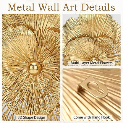 DILATATA 3 Pcs Metal Flower Wall Art Set 10 Inch Rustic Modern Floral Sculpture 3D Metal Flower Wall Hanging Accent for Indoor Living Room Bedroom Kitchen Bathroom Garden Patio Decor - Gold