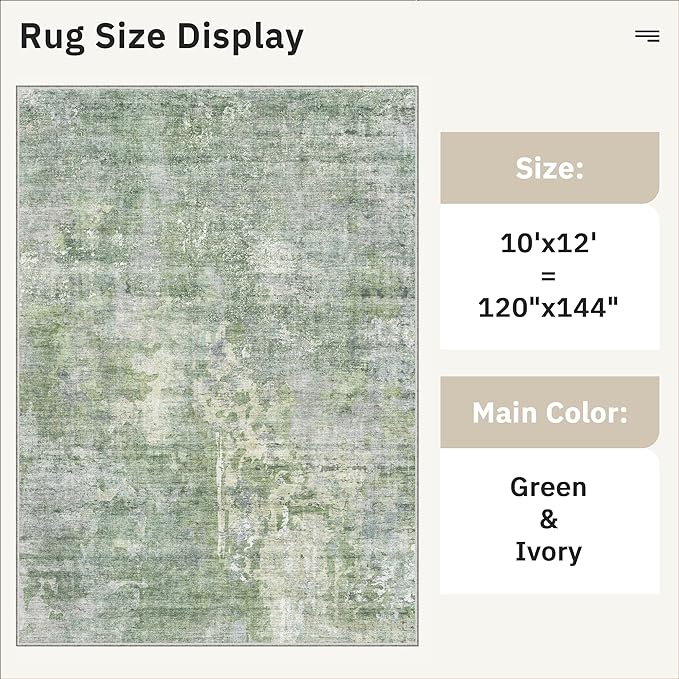 Soalmost Area Rug 10x12 Vintage Washable Living Room Large Carpet Non Slip Bedroom Indoor Office Dining Room Low Pile Thin Rug Green/Ivory