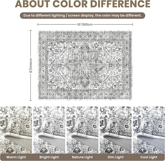 zesthome 8x10 Area Rugs for Living Room,Non-Slip Backing Washable Rugs,Vintage Large Area Rug，Stain Resistant Home Decor Rug (Grey/White,8'x10')