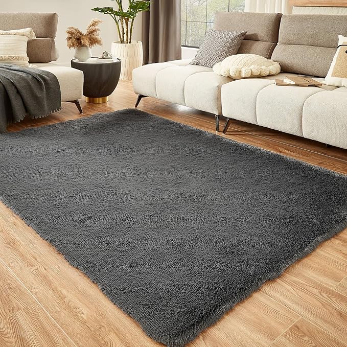Floralux Bedroom Rugs 6x9, Dark Grey Shag Area Rug, Ultra Soft Fluffy Furry Carpet for Bedroom, Non-Slip Indoor Floor Carpets for Kids Boys Girls Dorm, Nursery, Home Decor Aesthetic