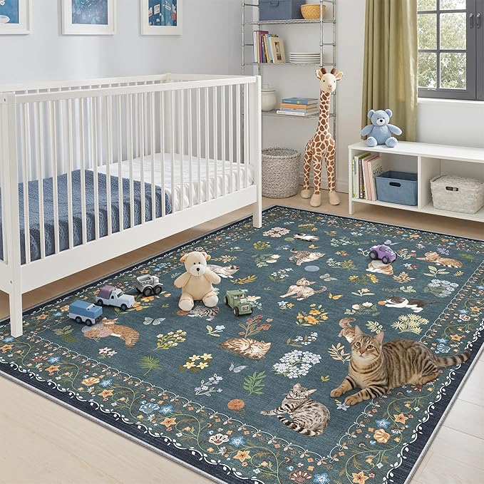 Soalmost Cat 6x9 Area Rugs for Living Room, Machine Washable Animal Floral Vintage Rug Non-Slip Low Pile Soft Throw Rugs for Bedroom Dining Room Kitchen Nursery Playroom (6 x 9,Navy Blue)