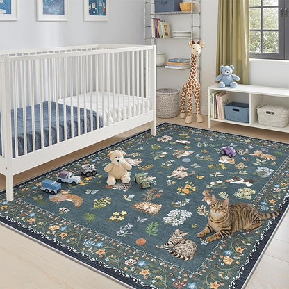 Soalmost Cat 6x9 Area Rugs for Living Room, Machine Washable Animal Floral Vintage Rug Non-Slip Low Pile Soft Throw Rugs for Bedroom Dining Room Kitchen Nursery Playroom (6 x 9,Navy Blue)
