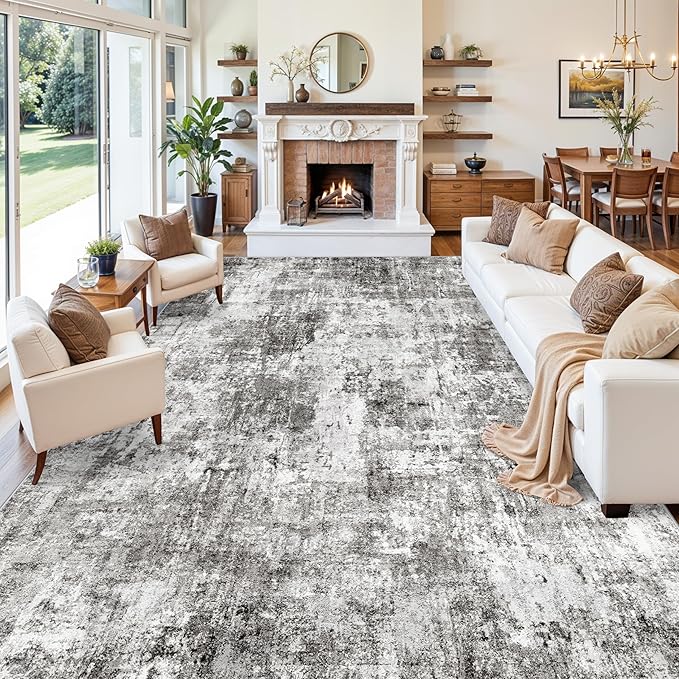 12x18 ft Extra Large Living Room Rug – Washable Modern Abstract Neutral Oversize Rugs for Bedroom,Dining Room,Family Room – Non-Slip Low-Pile Thin Stain-Resistant Carpet (Grey)