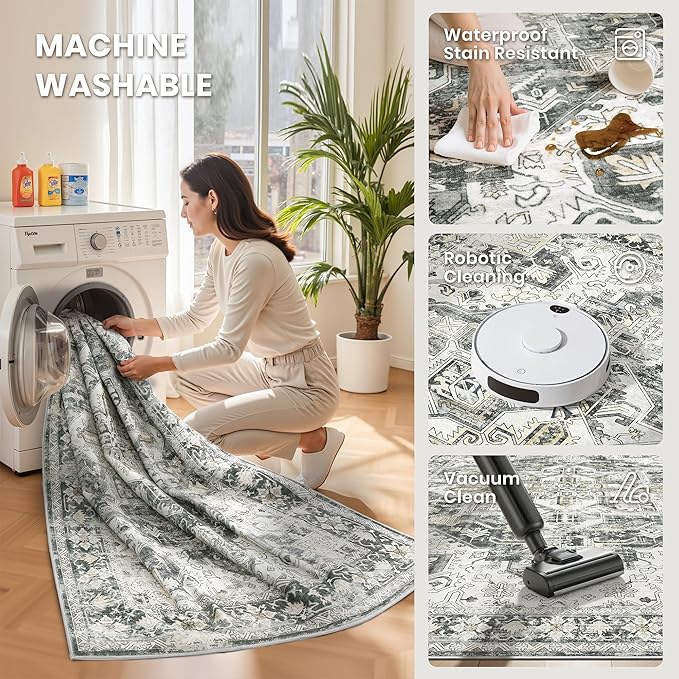 zesthome 5x7 Washable Rug-Stain Resistant Area Rugs for Living Room, Ultra-Thin Vintage Rugs, Non-Slip Backing Rug, Low Pile Large Area Rug, Boho Home Decor