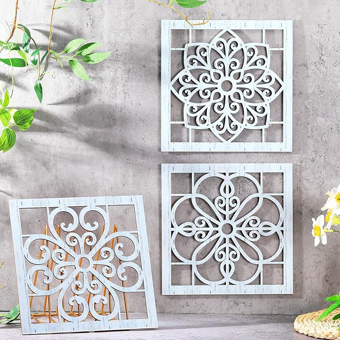 Yulejo 4 Pieces Thicken Rustic Wall Art - Farmhouse Wooden Hollow Carved Design for Living Room, Bedroom, Hallway, Office, Kitchen Decoration (Light Cyan)