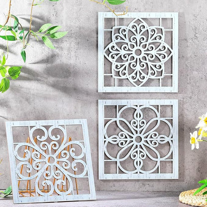 Yulejo 4 Pieces Thicken Rustic Wall Art - Farmhouse Wooden Hollow Carved Design for Living Room, Bedroom, Hallway, Office, Kitchen Decoration (Light Cyan)