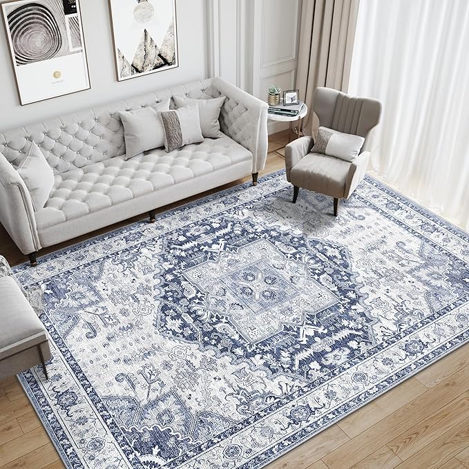 4x6 Area Rugs for Living Room, Machine Washable Non Slip Vintage Rug, Non-Slip Stain Resistant, Large Soft Home Decor Rug for Bedroom Dining Room (Navy/Blue,4'x6')