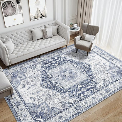 4x6 Area Rugs for Living Room, Machine Washable Non Slip Vintage Rug, Non-Slip Stain Resistant, Large Soft Home Decor Rug for Bedroom Dining Room (Navy/Blue,4'x6')