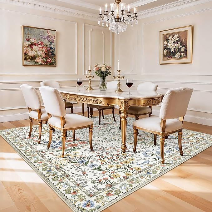 7x7 Vintage Floral Dining Room Rug - 7ft Square Low Pile Non Slip Machine Washable Area Rug, Indoor Carpet for Under Table/Bed Living Room Bedroom Office Nursery Entryway Playroom (7ft Square, Beige)