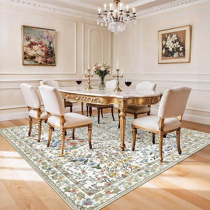 7x7 Vintage Floral Dining Room Rug - 7ft Square Low Pile Non Slip Machine Washable Area Rug, Indoor Carpet for Under Table/Bed Living Room Bedroom Office Nursery Entryway Playroom (7ft Square, Beige)