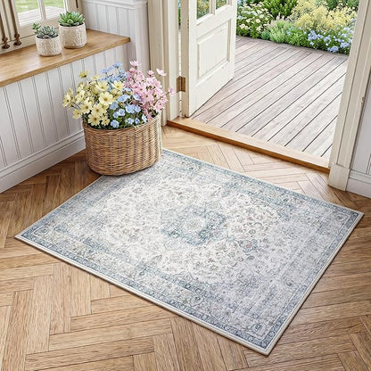 Entryway Rug 2x3 Blue Washable Vintage Entryway Area Rug Distressed Oriental Neutral Non Slip Low Pile Door Mat Soft Retro Small Throw Thin Indoor Carpet for Entry Entrance Kitchen Bathroom Bedroom