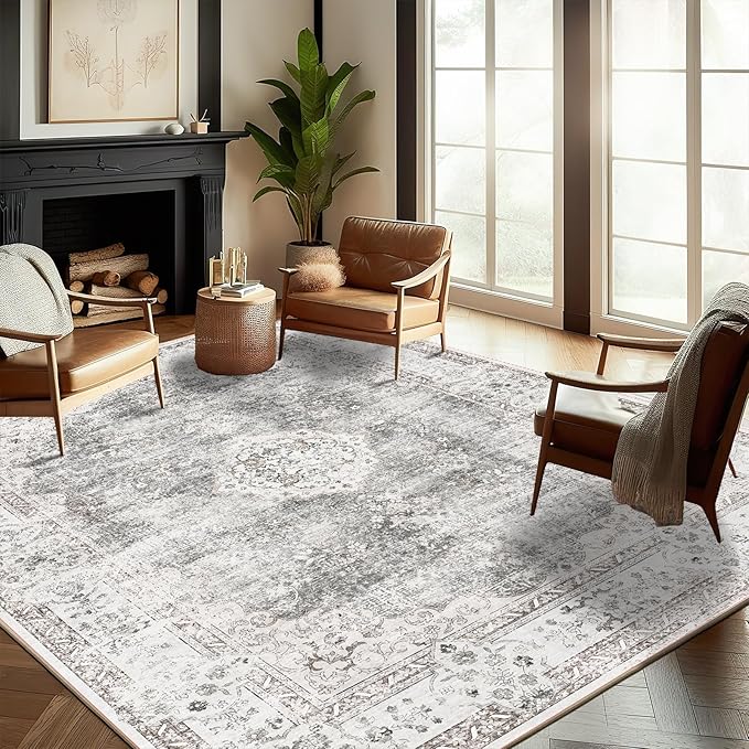 CHAMPLANT Washable Area Rug 9'x12' Retro Boho Design Non-Shedding Easy Care Ideal for High Traffic Areas in Living Room Bedroom Office Coffee Table Kitchen Large Carpet