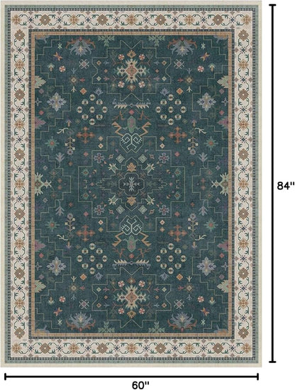 Hazo Haus Dark Green Oushak 5x7 Living Room Rug - Modern Vintage Boho Eclectic Floral Pastel, Washable Low Pile Non-Slip Large Area Rugs for Nursery Dining Under Table Bedroom Lounge