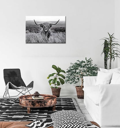 Highland Cow Wall Art Black and White Animal Wall Decor Canvas Cow Picture Highland Cow Prints Paintings Framed for Living Room Bathroom (12x16 inch)