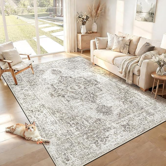 6x9 Area Rugs for Living Room, Washable Vintage Boho Medallion Rug Non Slip Low Pile Floor Carpet for Bedroom Nursery Dining Room (Taupe, 6'x9')