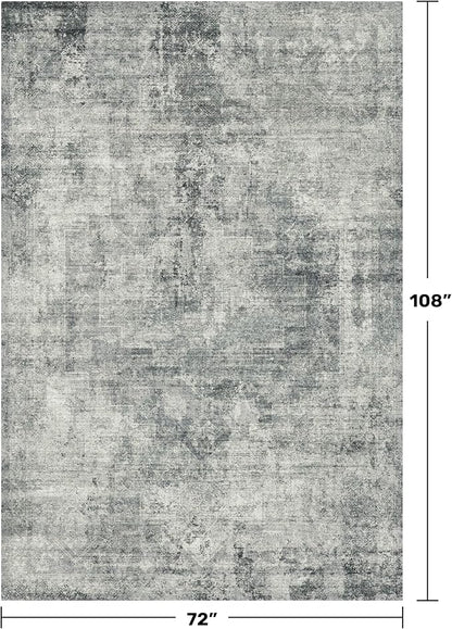 Hazo Haus Vintage Dark Blue Rugs for Living Room - 6x9 Distressed Print Pattern Large Area Rug for Bedroom, Dining Room Under Table, Thin & Soft Washable Slate and Gray Décor