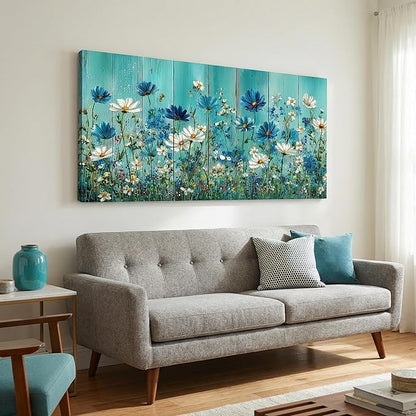 BQVCT Turquoise Blue and White Daisy Wall Art 30x58 Inch Large Gallery Wrapped Canvas Print Modern Floral Painting on Faux Wood Texture Ready to Hang for Living Room Bedroom Office Decor