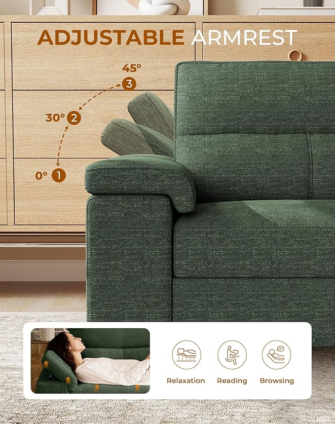 Upvilla 88.97" Modern Sofa Couch for Living Room, Deep Seat Sofas with 8”Cushion, Comfy 2-Seater Chenille Loveseat with Convertible Armrest, Removable Sofa Cover, High Leg (Green)