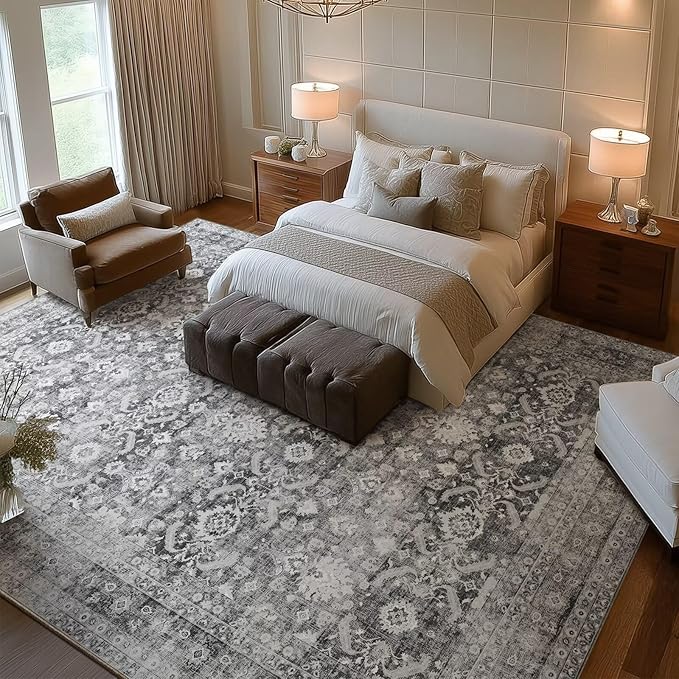 Washable 9x12 Area Rugs for Living Room, Boho Non-Slip Vintage Distress Lager Rugs for Bedroom Dining Room Nursery Office, 0.3" Neutral Oriental Throw Thin Carpet, Grey/Multi, C5