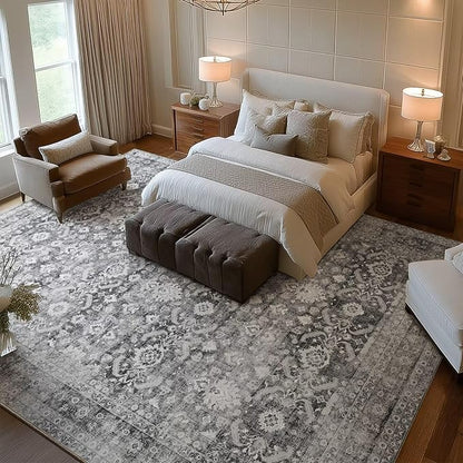 Washable 9x12 Area Rugs for Living Room, Boho Non-Slip Vintage Distress Lager Rugs for Bedroom Dining Room Nursery Office, 0.3" Neutral Oriental Throw Thin Carpet, Grey/Multi, C5