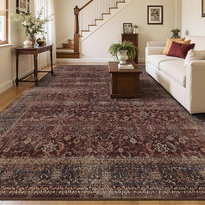 Brick Red Area Rugs 9x12 Living Room, Vintage Distressed Rustic Washable Rugs for Bedroom Non Slip, Low Pile Thin Large Carpet Rug for Dining Room Stain-Resistant, Earth Tone Brick Color