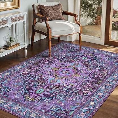 Kokia 4x6 Washable Area Rugs Violet Purple with Vintage Orient Design, Soft Rug for Living Room or Bedroom, Non-Slip Low Pile Stain Resistance Features, Distressed Medallion Pattern