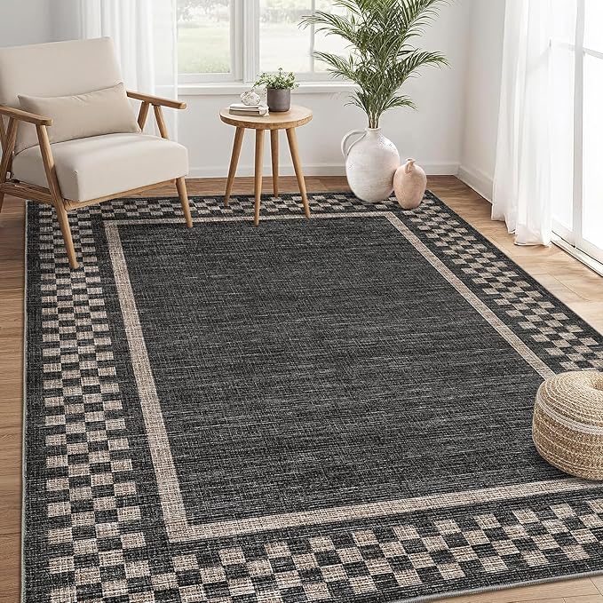 GarveeHome Machine Washable 5x7 Area Rugs Modern Bordered Living Room Rug Non Slip Checkered Geometric Bedroom Throw Carpet Soft Boho Rugs for Dining Room Nursery Home Office, Black