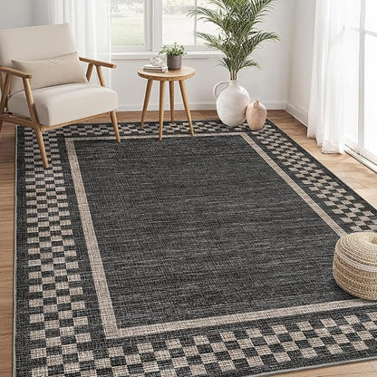 GarveeHome Machine Washable 5x7 Area Rugs Modern Bordered Living Room Rug Non Slip Checkered Geometric Bedroom Throw Carpet Soft Boho Rugs for Dining Room Nursery Home Office, Black