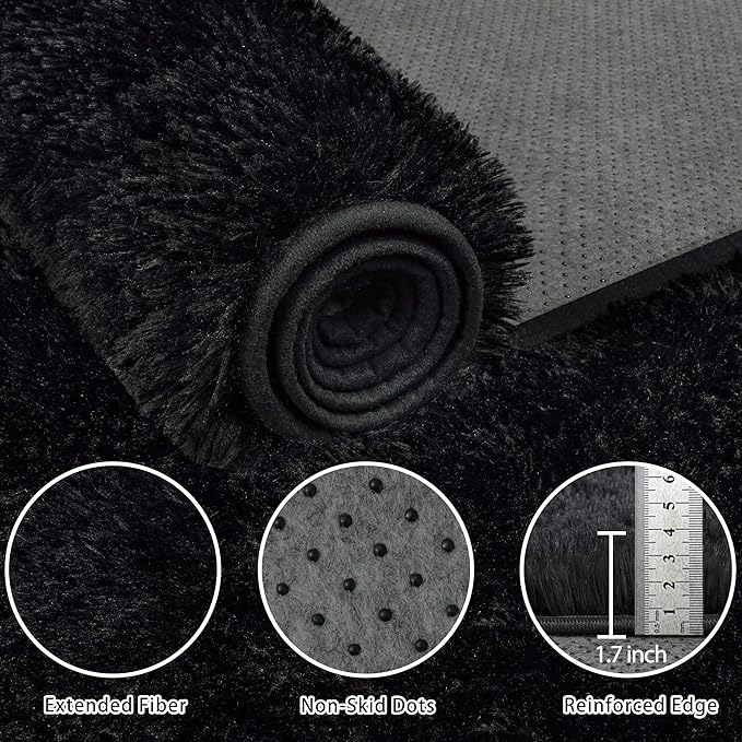 4x6 Area Rug for Living Room:Ultra Soft Fluffy Shag Black Rugs,Large Fuzzy Plush Indoor Non Slip Carpet Washable Rug for Bedroom Kids Nursery Office Dorm Modern Decor(Black 4'x6')