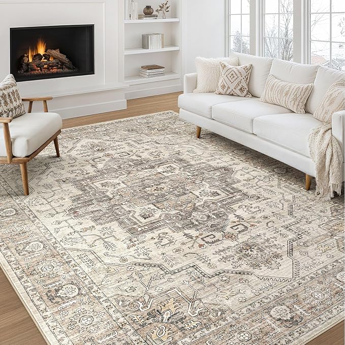 Area Rug 8x10 Washable Vintage - Soft Traditional Rugs for Living Room Large Non Slip Backing with Low Pile Farmhouse Oriental Retro Carpet for Bedroom Dining Room or Home Office - Light Brown
