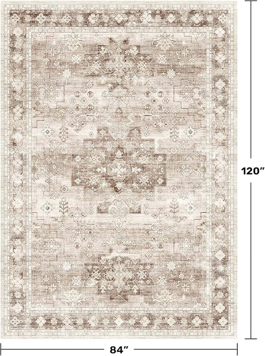 Hazo Haus Beige Farmhouse Washable 7x10 Area Rugs for Living Room, Bedroom, Dining Room Table, Vintage Floral Décor, Non-Slip Stain & Fade Resistant (7x10 Beige/Latte)