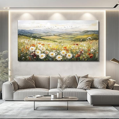 FUHAIHUA Large Framed Wall Decor For Living Room Canvas Wall Art For Office Farmhouse Wall Decorations For Bedroom Prairie Flowers Landscape Paintings Modern Pictures Artwork Home Decor 24" x 48"