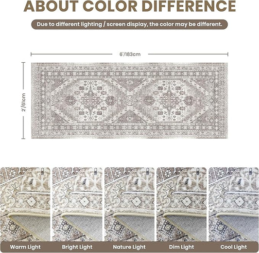 zesthome 2x6 Runner Rug for Hallways, Machine Washable Rug, Non Slip Vintage Low Pile Runners, Stain Resistant Runners for Entryway, Kitchen, Bathroom, Laundry Room, Corridor