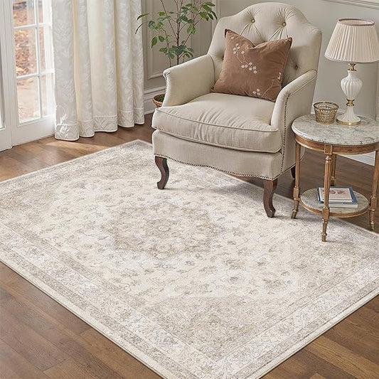 PureCozy Beige Area Rug 3x4 Washable Vintage Carpet Entryway Office Soft Retro Kitchen Low Pile Thin Door Mat Non Slip Oriental Medallion Throw Small Rug for Bathroom Bedroom Dining Living Room