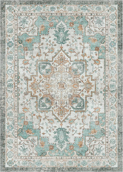 GENIMO 3x5 Area Rugs for Living Room, Machine Washable Non Slip Vintage Rugs, Low Pile Lightweight Chenille Print Rug for Bedroom, Dining Room, Home Office, Cyan