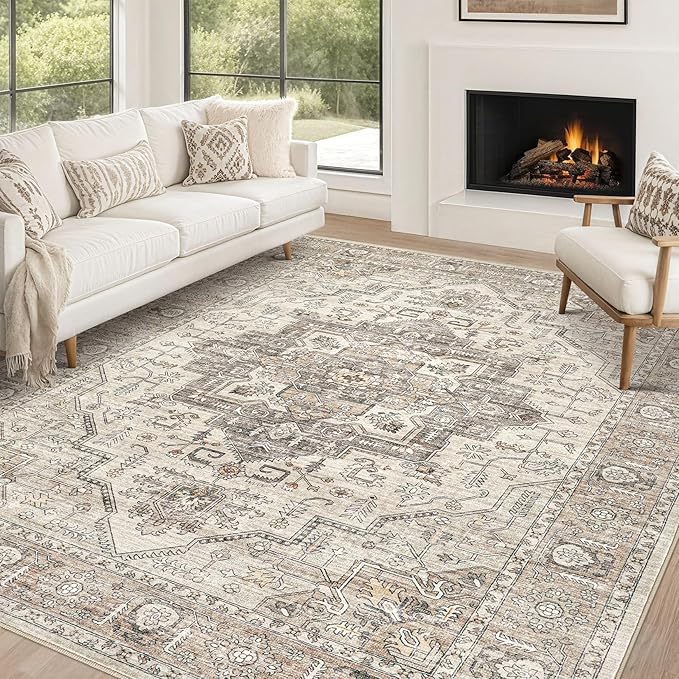 Area Rug 10x12 Washable Vintage - Soft Traditional Rugs for Living Room Large Non Slip Backing with Low Pile Farmhouse Oriental Retro Carpet for Bedroom Dining Room or Home Office - Light Brown