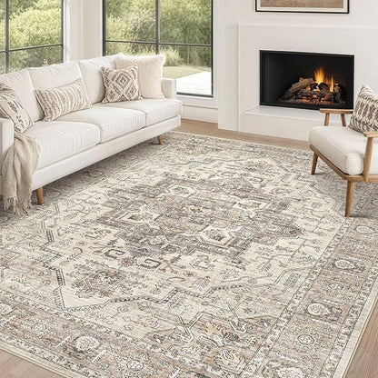Area Rug 10x12 Washable Vintage - Soft Traditional Rugs for Living Room Large Non Slip Backing with Low Pile Farmhouse Oriental Retro Carpet for Bedroom Dining Room or Home Office - Light Brown